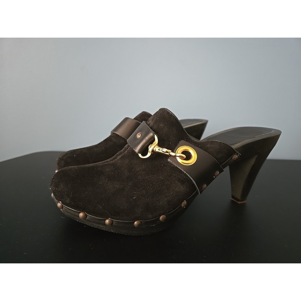 Coach Black Suede Clog Mules Y2K Style Size 8 Preppy Chunky Heel
